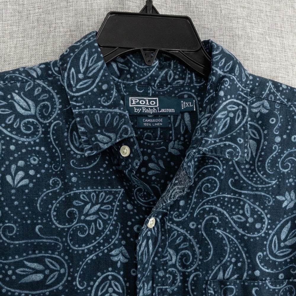 Polo Ralph Lauren Men XL Cambridge 100% Linen Paisley Half Button Shirt Vintage